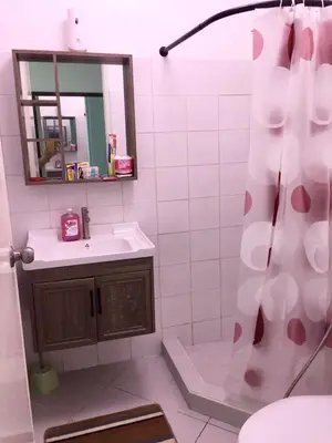 a bathroom with a sink and a shower curtain at SM MEZZA 1 RESIDENCES Studio Room Gian Thyresse Crib in Manila