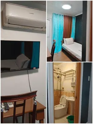 a collage of three pictures of a room with a bed and a bathroom at furutech hostel in Manila