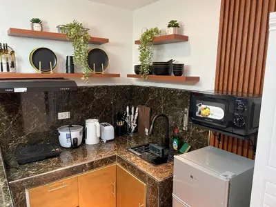 a kitchen counter with a sink and a microwave at La Nikolina, Cozy Studio near MOA, CCP & Star City, Pasay in Manila