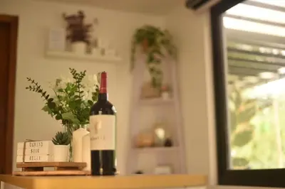 a bottle of wine sitting on top of a shelf at The Zentuary - House with pool in Amadeo