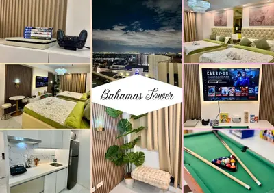 a collage of photos of a hotel room with a pool table at Azure Parañaque, 1BR Bahamas 19th floor in Manila