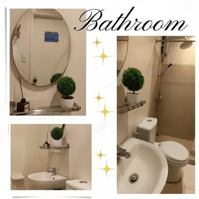 a bathroom with a sink and a toilet and a mirror at Cozy Suite with Private Patio near Nuvali in Silang