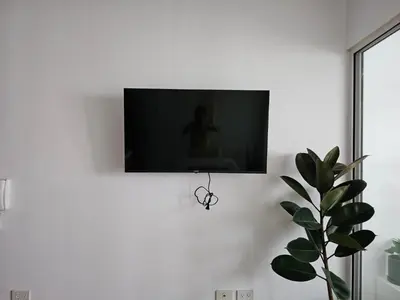 a flat screen tv on a white wall with a plant at Room with stunning view in Makati in Manila