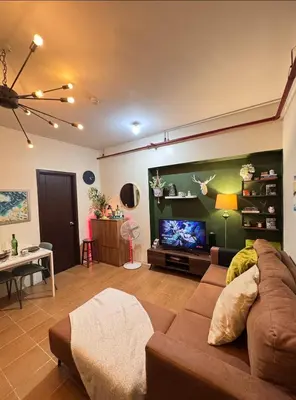 a living room with a couch and a flat screen tv at Urban Escape for You & Your Pet in Manila