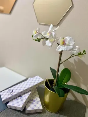 a plant in a pot on a table with some soap at studio flat at 101 Newport Boulevard in Manila