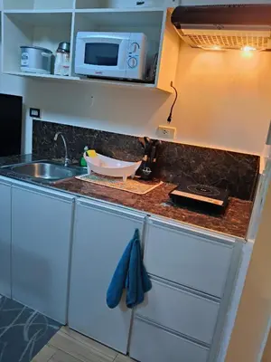 a kitchen counter with a sink and a microwave at Tessa's Place Staycation in Biñan