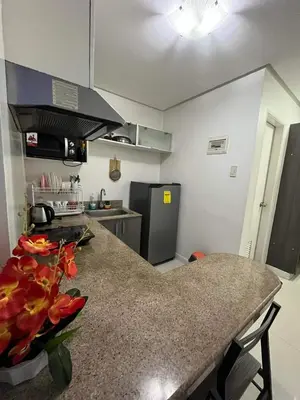 a kitchen with a counter with a vase of flowers at Kiean Leases in Manila