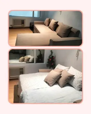 two pictures of a bedroom with a bed and a couch at Chic Haven in Manila
