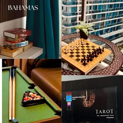 a collage of photos with a chessboard and a table with books at Azure Residences Bahamas good for 3 pax in Manila