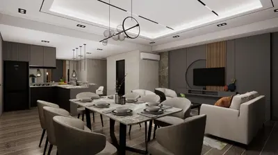 a dining room and living room with a table and chairs at Novel Hotel Manila in Manila