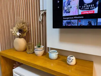 a table with a tv and some plants on it at hearth of ember 3 Shore 3 Res in Manila