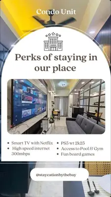 a flyer for a living room with a tv at Shore 3 - 1BR Scandi-Industrial Condo Suite by The Bay in Manila