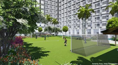 a rendering of a park with people playing soccer at Unistay SHORE Residence amazing pool view in Manila