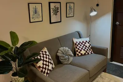 a living room with a couch with pillows and a plant at Serenity Pads in Manila