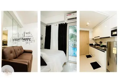a collage of three pictures of a kitchen and a living room at Shore residences tower D Staycation near Sm moa in Manila