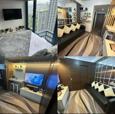 a collage of three pictures of a living room at Air Residences by Christine Suites PH Makati City in Manila