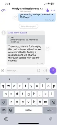 a screenshot of a text message on a keyboard at 1528 pool view with balcony in Manila
