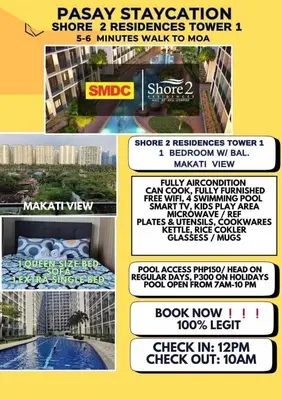 a collage of pictures of a flyer for a hotel at Staycation at Shore 2 Residences Tower 1 Near Moa, PICC, STARCITY, WORLD TRADE, SMX, MOA ARENA & NAIA 123 in Manila