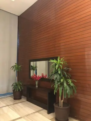 a room with two potted plants and a mirror at South Sanctuary in Manila