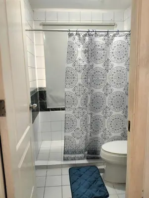 a bathroom with a shower curtain and a toilet at Chic Haven in Manila