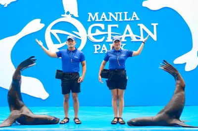 a group of two men standing next to seals at Amazing View 2br MOA, 98 sqm XBOX 200mbps, Printer in Manila