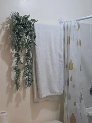 a bathroom with towels and a plant on the wall at Casa de Porch in Manila