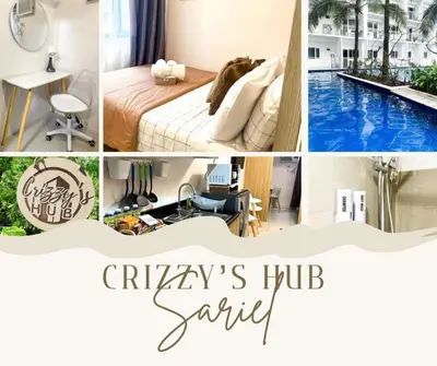 a collage of photos with a hotel room and a swimming pool at Crizzy's Hub Sariel at Shore Residences - 1BR with Netflix and Disney - Near MOA in Manila