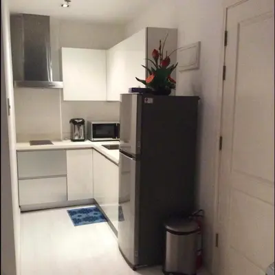 a kitchen with a refrigerator with a plant on top of it at New York- Inspired Condo in Makati in Manila