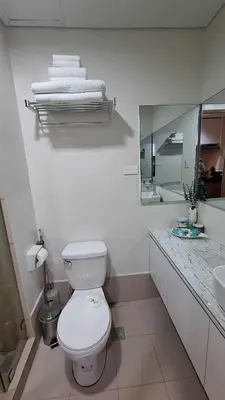 a bathroom with a toilet and a sink and a mirror at 2BR Apartment plus FREE parking Near NAIA in Manila