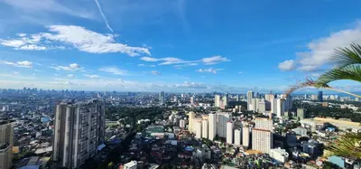 a city skyline with buildings and a palm tree at Cozy SpaciousLoft near MRT BONI in Manila