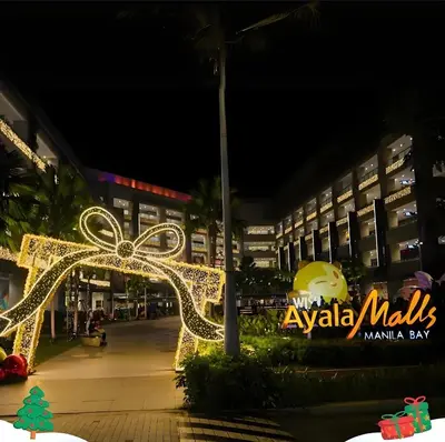 a christmas light display at a mall at night at 175 Sqm Luxurious Modern 3 Bedrooms Facing Manila Bay Sunset, Airports, Okada, Solaire, MOA in Manila