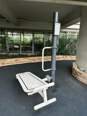 a white treadmill sitting in front of a building at Studio in Araneta City Fast Wifi Great Location in QC in Manila