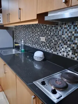 a kitchen counter with a stove and a sink at 257 moa view with balcony bigcut in Manila