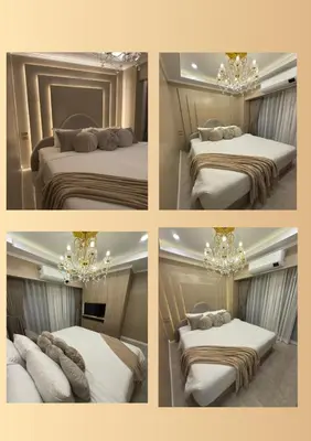 a collage of four pictures of a bedroom with two beds at Gramercy Residences Holiday Luxury in Manila