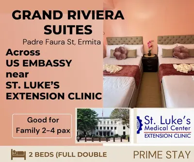 a flyer for grand riverner suites with two beds at Grand Riviera Suites 1201 Near US Embassy and St Luke's Medical Center Extension Clinic SLEC by Prime Stay in Manila