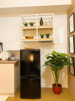 a black refrigerator in a kitchen with a plant at Houzz 1548 by Houzztelity in Manila