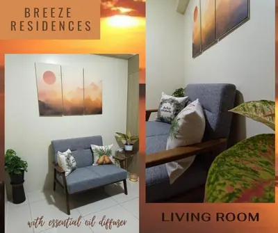 two pictures of a living room with a bed and a chair at Experience Sunset by the Breeze in Manila
