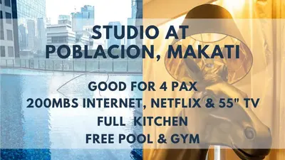 a sign on the window of a store at Studio for 4 with Netflix, 55in TV, 200Mbs net, in heart of Makati in Manila