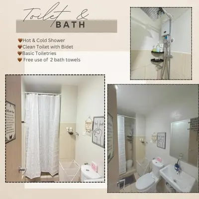 a collage of pictures of a bathroom with a shower and sink at Mytessuitehome in Manila