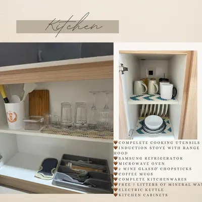 a collage of a picture of a cupboard with utensils at Mytessuitehome in Manila