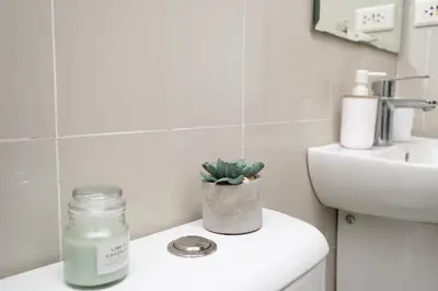 a bathroom with a plant on the back of a toilet at Manhattan Heights Modern Studio in Manila