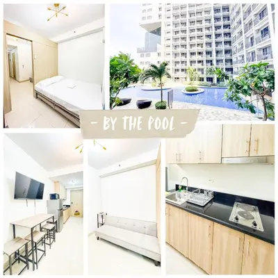 a collage of photos of a hotel room with a bed and a kitchen at Manila Daze in Manila