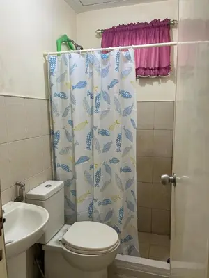 a bathroom with a toilet and a shower curtain at NRD Staycation Transient House in Dasmariñas