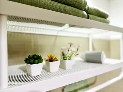 a shelf with three potted plants on it at CL10100 House in Manila