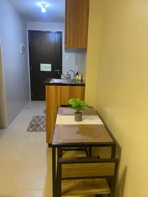 a kitchen with a table with a plant on it at Cozy studio unit 10mins from Airport 20mins from US Embassy across SM Sucat in Manila