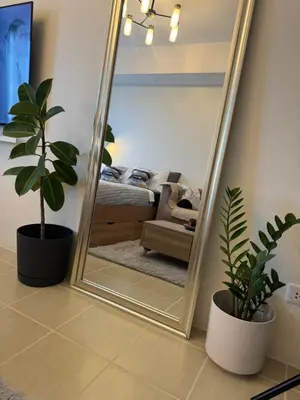a mirror in a living room with two potted plants at The Fresh Escape in Manila