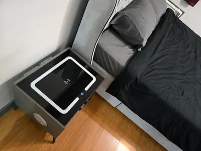 a bedroom with a bed with a black and white frame at BGC Center Decent 74sqm, 2br, 2baths, 4beds with maid quarter in Manila