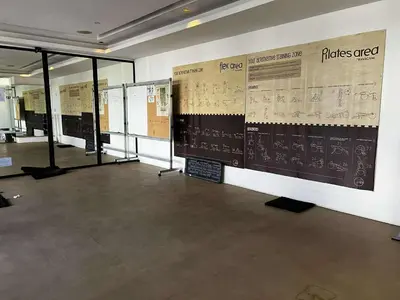 a room with posters on the walls of a museum at Gramercy Makati Condotel in Manila