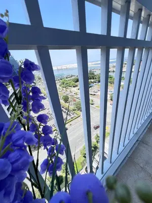 a view of the ocean from a balcony with purple flowers at UNISTAY Shore Res w Bal Manila Bay View nr MOA in Manila