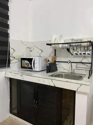 a kitchen counter with a microwave and a sink at Cabuhat Duco Lodge 31 in Tanza